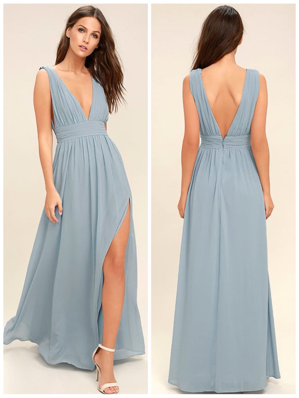 LULUS Women’s Size S Light Blue Chiffon Heavenly Hues Plunging Neck Maxi Dress